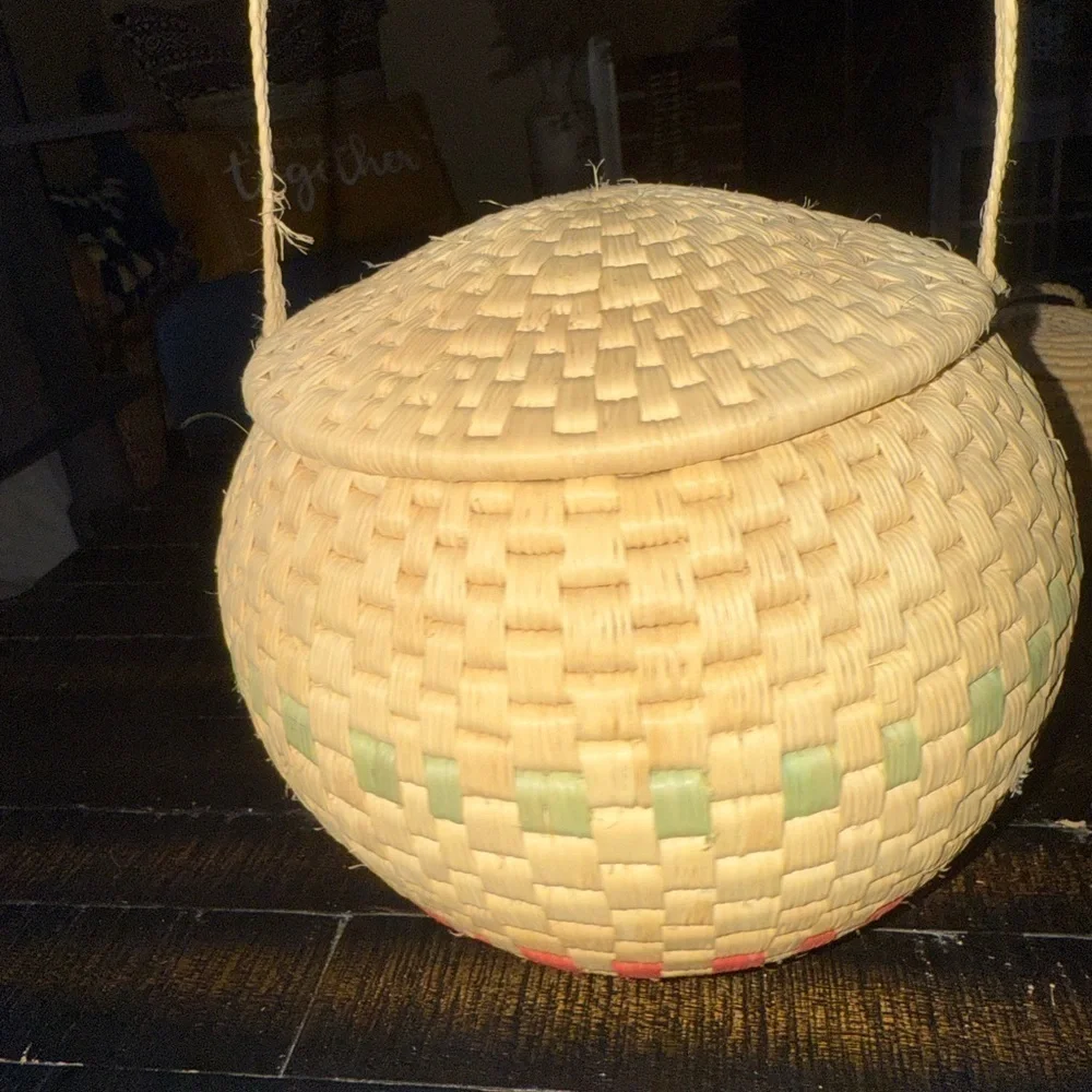 Baskets Round Pair Woven Lid Long Straps & added 3 more! (5 total)